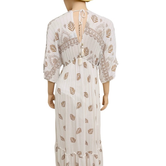 Zuri Embroidered Boho Maxi Dress Gold Embroidered Tassel V-Neck Free Size - Picture 3 of 9